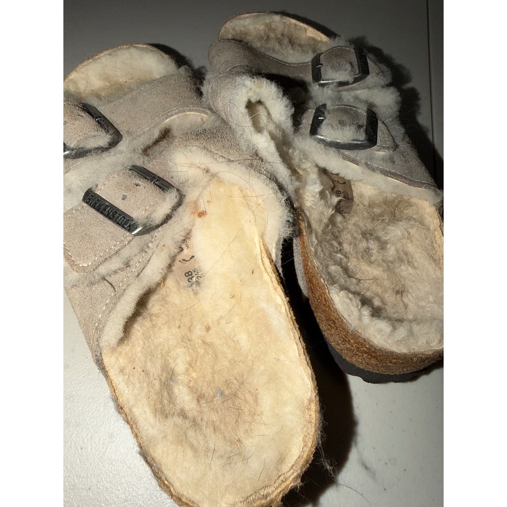 Birkenstock Arizona Shearling Suede Sandals Taupe Women 38 L7 M5 - Picture 3 of 9